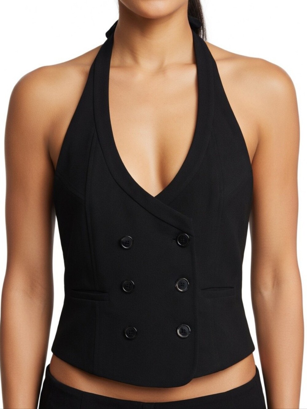 Garoche Black Double-Breasted Halter Vest Top Size M